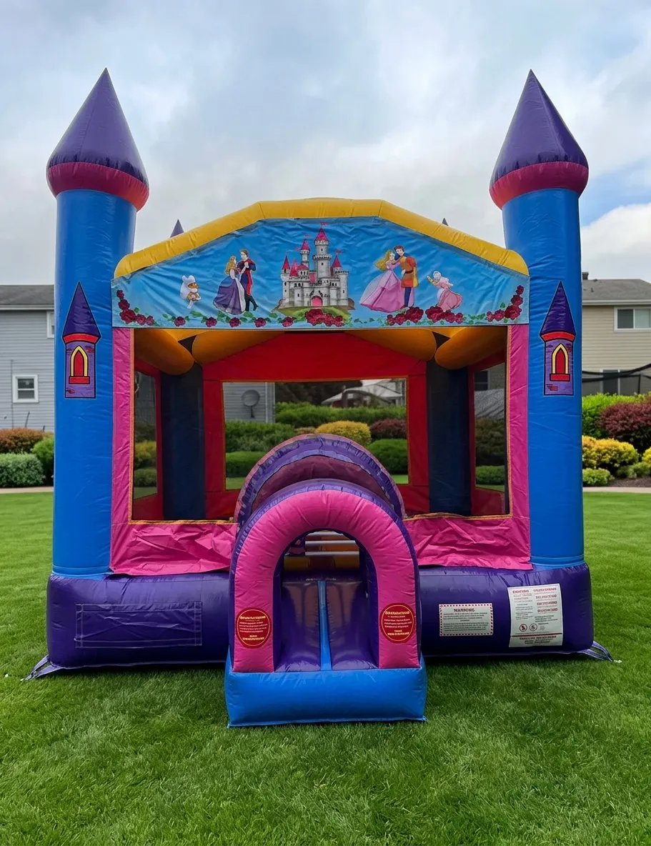 Inflatable bounce house set up in a backyard in New Hampshire